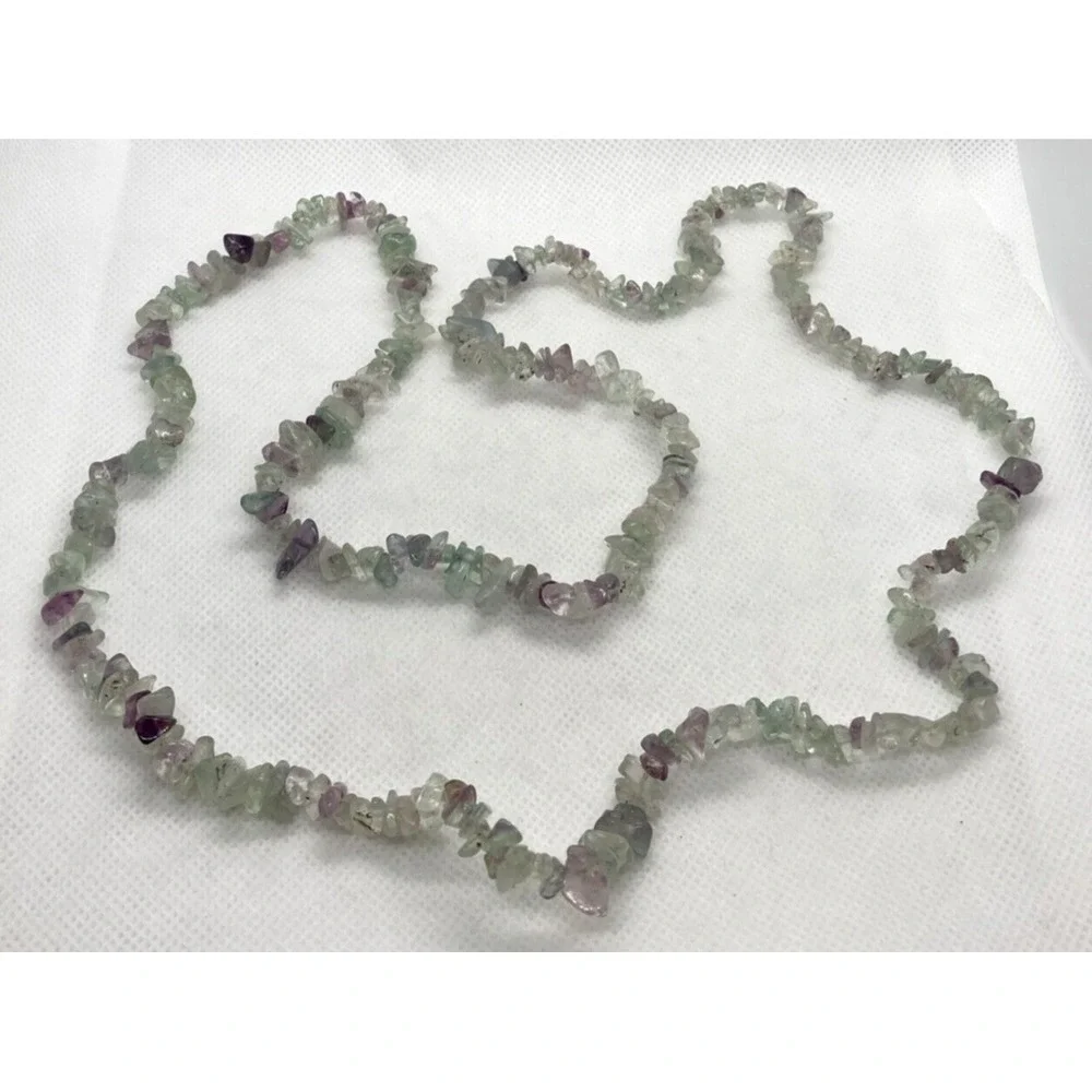 Fluorite Chip Stone 34'' Necklace & Matching 7.5'' Bracelet Set Sterling‎ Silver